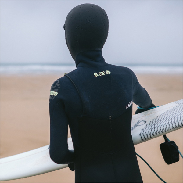 2025 C-Skins Junior Nuwave Session 5/4mm Hooded Chest Zip Wetsuit C-NSE54JH - Black / Bluestone X / Cool Green